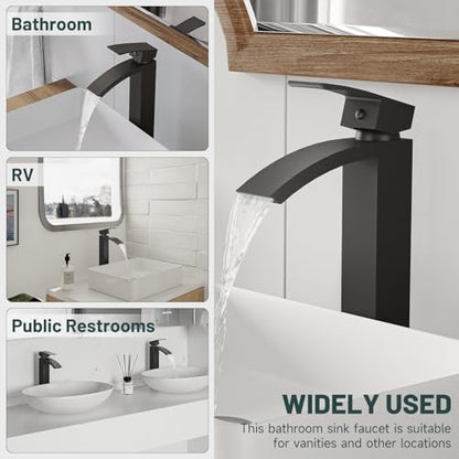 Matte Black Vessel Sink Faucet, Waterfall Bathroom Faucets | Brass, Tall Spout, Single Handle 1 Hole Bathroom Faucet, Modern Basin Taps with Supply Line, Pop Up Drain, Without Overflow - color: Matte Black, size: Tall