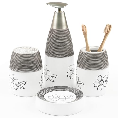 CERBIOR Bathroom Accessories Set,4 PCS Ceramic Bath Accessory,White Flower | Includes Toothbrush Holder, Toothbrush Cup, Soap Dish for Decorative Countertop and Housewarming Gift - style: White-Flower