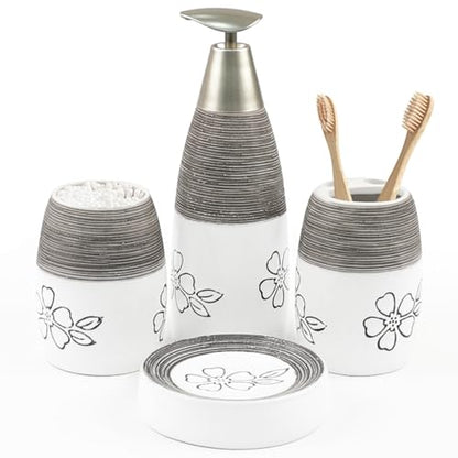 CERBIOR Bathroom Accessories Set,4 PCS Ceramic Bath Accessory,White Flower | Includes Toothbrush Holder, Toothbrush Cup, Soap Dish for Decorative Countertop and Housewarming Gift - style: White-Flower
