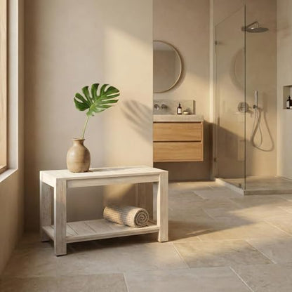The Sitara Teak Shower Bench with Shelf, 30" Wide, Rustic Light Grey Wash