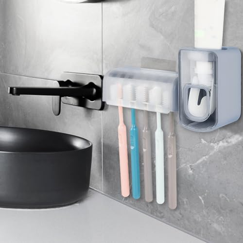 5 Slots Wall Mount Toothbrush Holder with Cover, Self Adhesive Toothbrush Storage Organizer for Shower, Toothbrush Hanger with Automatic Toothpaste Squeezer Dispenser (Grey) - color: Grey Combination