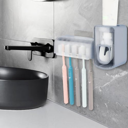 5 Slots Wall Mount Toothbrush Holder with Cover, Self Adhesive Toothbrush Storage Organizer for Shower, Toothbrush Hanger with Automatic Toothpaste Squeezer Dispenser (Grey) - color: Grey Combination