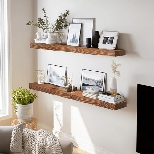 Solid Wood Floating Shelves, 36 Inch Wall Shelves, Set of 2, Brown | 8 Inch Deep, 1.6 Inch Thick, Extra-Wide Display Space, Mounting Hardware Included, For Kitchen, Bathroom and Living Room - color: Brown, size: 36x8x1.6