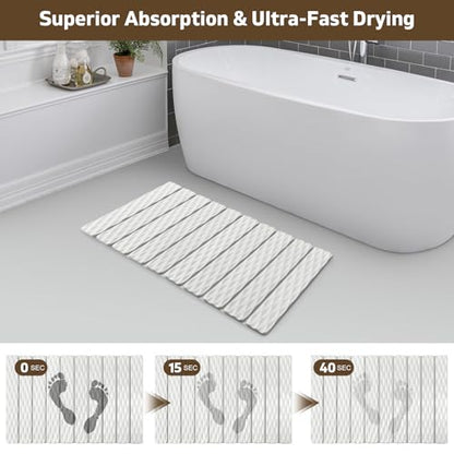 Foldable Stone Bath Mat, Quick-Dry Diatomaceous Earth Stone Drying Mat for Bathroom, Non-Slip Rubber Base, Shower Mat Outside Shower, Easy to Store, Easy to Clean 【White】