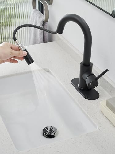 Black Bathroom Sink Faucet with Pull Out Sprayer for Sink 1 Hole,Bar Sink Faucet with Pop-Up Drain,Stainless Steel Single Handle Kitchen Faucet 360°Swivel Bathroom Faucets for Two Water Outlet Modes - color: Black, style: Pull-out