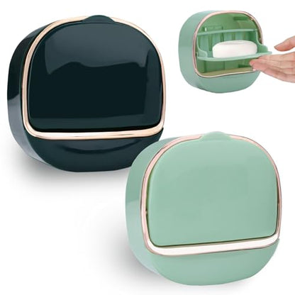 ASTIMESA 2 Packs Waterproof Wall-Mounted Soap Dishes Box, Adhesive Plastic Soap Holder with Drain Lid Tray for Bar Bathroom Shower Keep Dry Flip Self Draining Light Green & Dark Blue - color: Light Green & Dark Blue