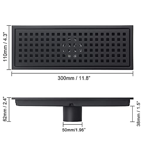 12 Inch Rectangular Shower Floor Drain, Detachable to Insert The Mesh Grille Cover, SUS304 Stainless Steel, Matt Black - color: Matt Black