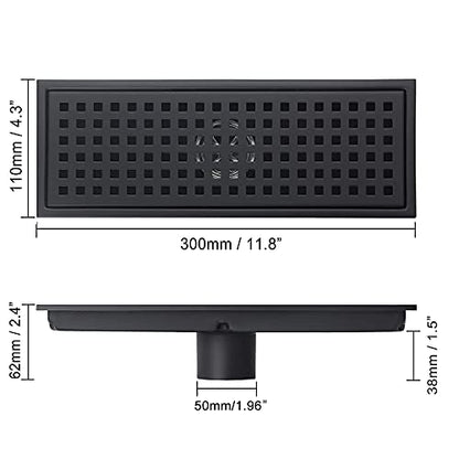 12 Inch Rectangular Shower Floor Drain, Detachable to Insert The Mesh Grille Cover, SUS304 Stainless Steel, Matt Black - color: Matt Black