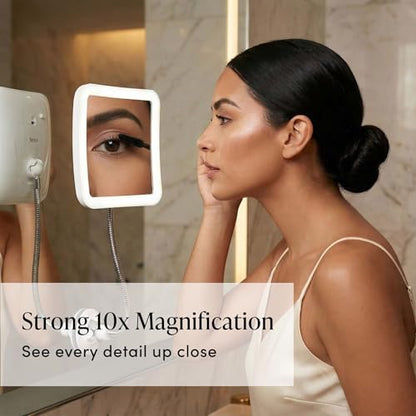 Fancii Flexible Magnifying Mirror 10X with LED Light and Gooseneck, Lighted Travel Makeup Mirror, Lock Suction, Natural Daylight LED, Cordless and Portable (Mira Plus)