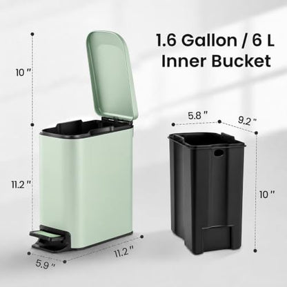 TIPGO Slim Bathroom Trash Can with Lid Soft Close, 6 Liter / 1.6 Gallon Stainless Steel Garbage Can with Removable Inner Bucket, Step Pedal, Small Trash Cans for Bedroom, Office, Kitchen (Green) - color: Green