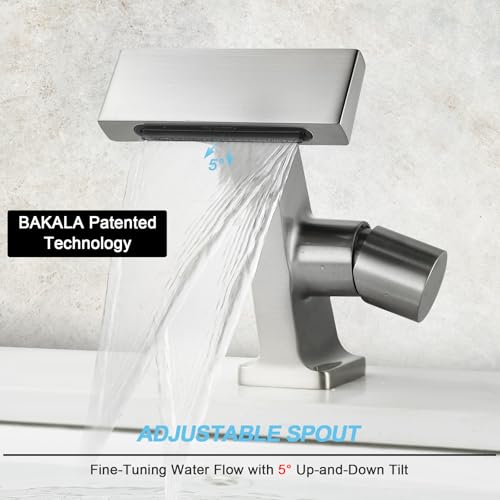 BAKALA Bathroom Sink Faucets Brushed Nickel, Waterfall Bathroom Faucet 1 Hole, Single Handle Brass Bathroom Faucet Deck Mount with 2 Supply Hoses for Basin Lavatory Vanity - color: Brushed Nickel