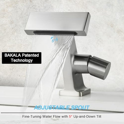 BAKALA Bathroom Sink Faucets Brushed Nickel, Waterfall Bathroom Faucet 1 Hole, Single Handle Brass Bathroom Faucet Deck Mount with 2 Supply Hoses for Basin Lavatory Vanity - color: Brushed Nickel