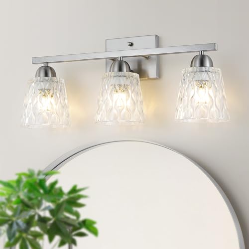 Mecgirn Stainless Steel Bathroom Vanity Light Over Mirror, 3 Light Brushed Nickel Bathroom Light Fixtures with Textured Glass Shades, Modern Vanity Lighting Wall Mount - color: Brushed Nickel, size: 3 Light