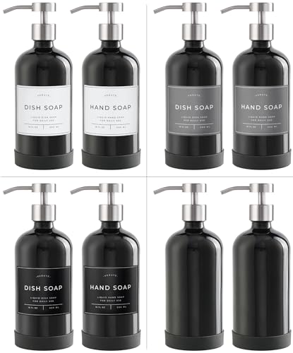 Hand and Dish Soap Dispenser for Kitchen and Bathroom, Set of 2 16 Oz Glass Bottles, Stainless Steel Pumps, Non-Slip Silicone Base, 27 Waterproof Labels (Gloss Black Bottle/Brushed Silver Pump) - color: Gloss Black Bottle / Brushed Silver Pump