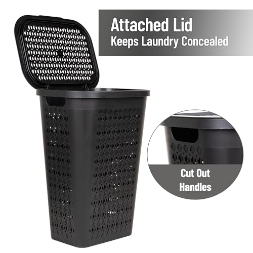 Mind Reader Slim Tapered Laundry Hampers with Lid, Clothes Basket with Swiss Cross Cut-Outs, Lightweight & Ventilated, Plastic, Set of 2, Black - color: Black