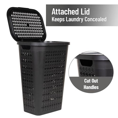 Mind Reader Slim Tapered Laundry Hampers with Lid, Clothes Basket with Swiss Cross Cut-Outs, Lightweight & Ventilated, Plastic, Set of 2, Black - color: Black