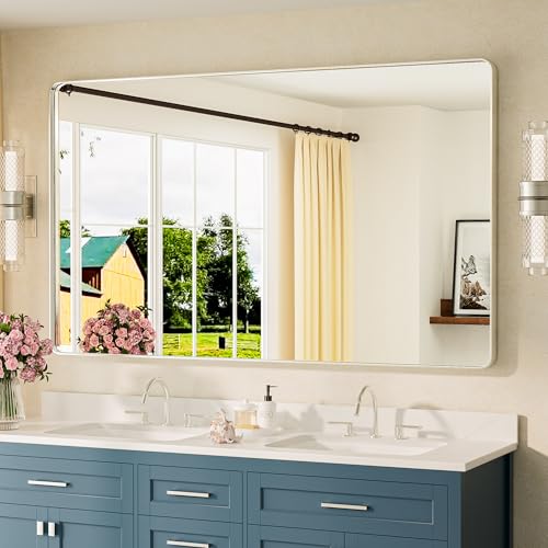 TETOTE 60 x 36 Inch Brushed Nickel Bathroom Mirror Metal Framed Bathroom Mirror, Tempered Glass, Modern Farmhouse Wall Mounted Mirror for Decorative(Horizontal/Vertical) - color: Brushed Nickel, size: 36"L x 60"W