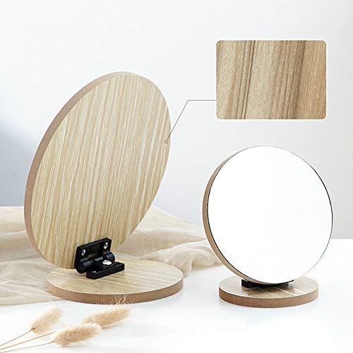 Aestivate Round Compact Table Mirror - Standing Wood Framed, 90 Degree Rotating for Makeup & Cosmetic - size: 7"L x 7"W
