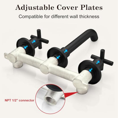 Midanya Wall Mount Bathroom Faucet 3 Hole 2 Cross Handle,Matte Black | SUS304 Stainless Steel,Rough-in Valve Included,360° Swivel Spout,for Bathroom Sink,Vanity - color: Matte Black