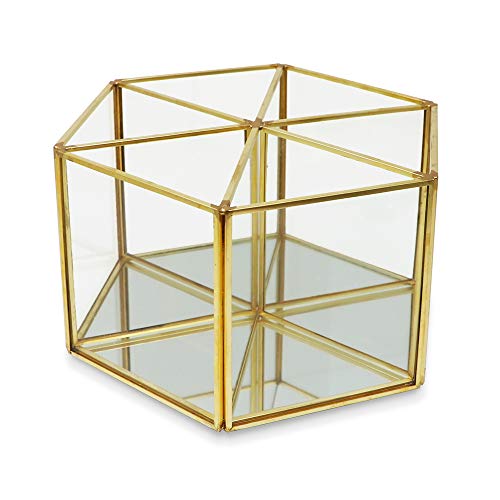 Isaac Jacobs 6-Compartment Rotating Makeup Brush Holder | 360 Degree Acrylic Carousel, Vintage Style Brass and Glass Organizer, Storage Solution with Mirror Base for Makeup, Kitchen