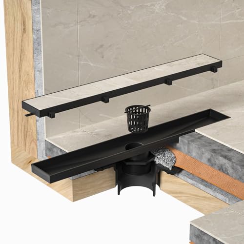 Linear Shower Drain 32" Matte Black 304 Stainless Steel | Fast Drainage | Tile Inserted | Stainless Floor Drain Grate | Hair Strainer | Drain Key | The Upgrade for Your Bathroom - size: 32 Inch