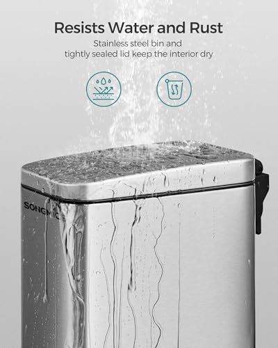 SONGMICS Bathroom Trash Can, 2.6 Gallon (10 L) Small Trash Bin with Lid, Slim for Small Spaces, Stainless Steel Garbage Can, Soft Close, Silver ULTB561E10 - color: Silver, style: 2.6 Gal.