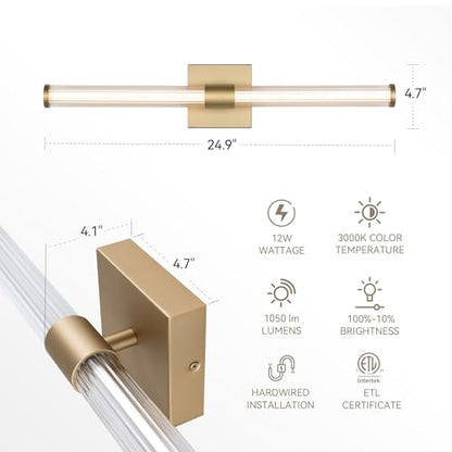 Tubicen Gold LED Vanity Light Linear Vertical Wall Sconce Dimmable 25in | 360° Full Lighting, 12W Vanity Light Bar Modern Slim Wall Light Fixture for Living Room Bathroom Bedroom, Warm White - color: Gold