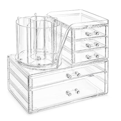 2-Tier Acrylic Makeup Organizer, 360° Rotating Brush Holder & 5 Drawers | Stackable Design; 5 Detachable Drawers; Crystal Clear Display; Space-Saving Countertop Caddy for Vanity, Bedroom & Bathroom - size: 2 Tier-5 Drawers