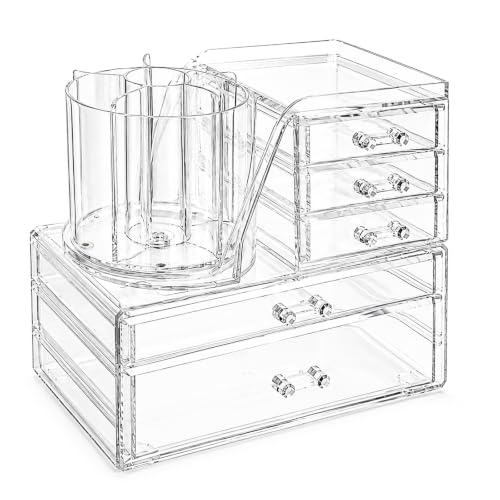 2-Tier Acrylic Makeup Organizer, 360° Rotating Brush Holder & 5 Drawers | Stackable Design; 5 Detachable Drawers; Crystal Clear Display; Space-Saving Countertop Caddy for Vanity, Bedroom & Bathroom - size: 2 Tier-5 Drawers