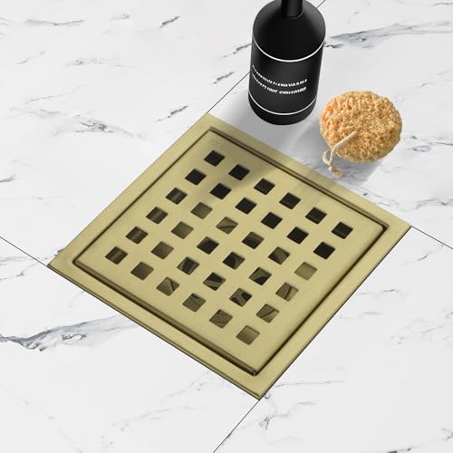 Square Shower Drain 4-Inch with ABS Flange, Brushed Gold, Removable Grille,Bathroom Stainless Steel Shower Floor Drain - color: 4-inch Brushed Gold