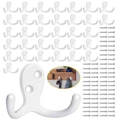 Homanu 34 Pack Coat Hooks, Heavy Duty Double Prong Coat Hooks Wall Mounted with 68 Screws, No Rust White Metal Wall Hooks for Hanging Towel, Coat, Bag, Hat, Cup, Key - color: 34 Pcs White