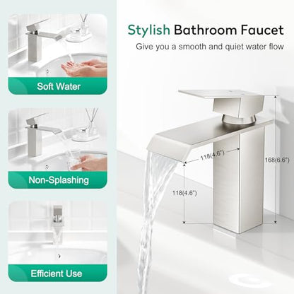 CREA Waterfall Bathroom Faucet 1 Hole,Brushed Nickel Bathroom Faucet Single Handle Bathroom Sink Faucet with Pop Up Drain Stopper/ 3 Hole Plate,Stainless Steel RV Vanity Faucet Basin Mixer Tap - color: Brushed, style: Wide Spout