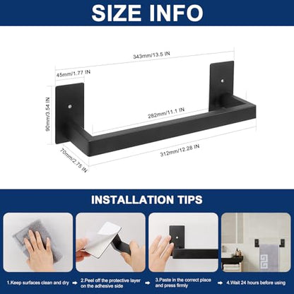 NearMoon Self Adhesive Bathroom Towel Bar, Stainless Steel Square Bath Wall Shelf Rack Hanging Towel Stick On Sticky Hanger Contemporary Style, Towel Rack Wall Mounted (12 Inch, Matte Black) - color: Matte Black, size: 12 Inch