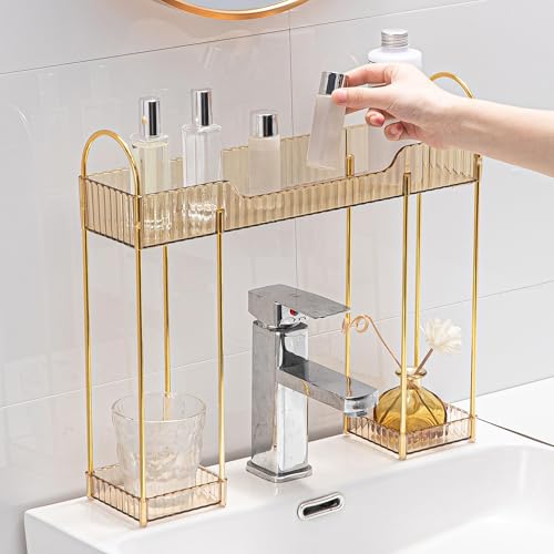 YCIA&DONE Bathroom Countertop Organizer Over The Faucet, Narrow Counter Organizers Above Sink, Table Mounted Faucet Sink Shelf for Kitchen, Toilet, Laundry(Amber Gold) - color: Amber Gold