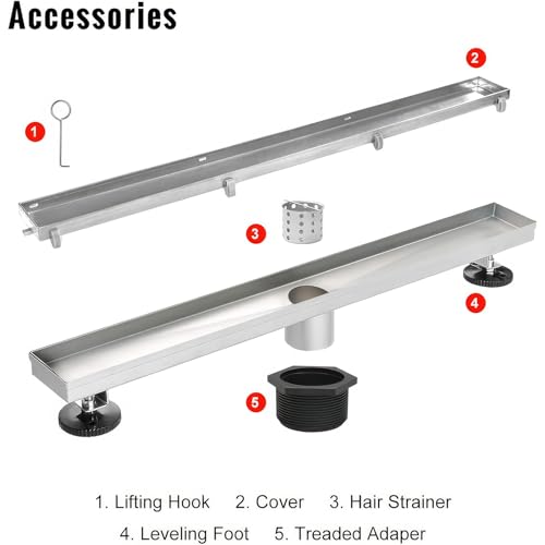 SaniteModar Linear Shower Drain 16 inch Brushed with Tile Insert Panel | AISI 304 Stainless Steel Brushed Linear Dain Rectangle Shower Floor Drain with Hair Strainer and Leveling Feet - color: Tile Insert Grate, size: 16 inch