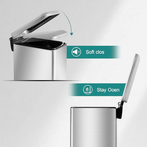 Small Bathroom Trash Can with Lid, Bedroom Trash Can, Silver | 1.3 Gal, Stainless Steel Trash Can, Removal Inner Bucket, Soft Close Lid, Step Pedal, Trash Bin for Bathroom, Bedroom, Office - color: Silver