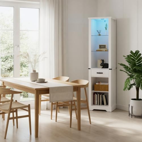 Pantry Cabinet, Storage Cabinet, White Bathroom Cabinet with LED Lights, 75 Inch Tall Linen Tower with Barn Door, Drawer and Adjustable Shelves