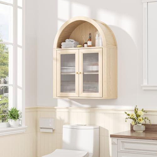 Medicine Cabinet with Arched Top, Bathroom Wall Cabinet Over Toilet with Wave Pattern Tempered Glass Doors and Removable Shelf, Arch Hanging Cabinets for Kitchen, Living Room, Laundry Room, Oak - color: Oak, size: 31.5 H-Glass