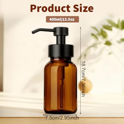 400ml 13.5oz Amber Glass Foam Soap Dispenser Refillable Foaming Hand Soap Pump Bottle Modern Empty Foam Bottle for Bathroom Kitchen Countertop Home Decor