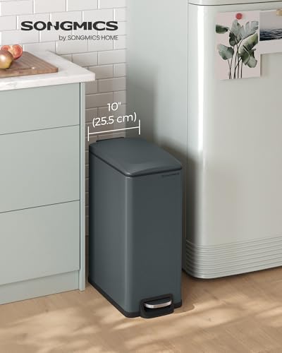 SONGMICS Slim Trash Can, 13-Gallon (50 L) Garbage Can for Narrow Spaces with Soft-Close Lid, Inner Bucket, and Step-on Pedal, Stainless Steel, 15 Trash Bags Included, Charcoal Gray ULTB510G01 - color: Charcoal Gray, style: 13 Gal.