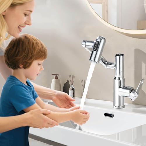 Rotatable Bathroom Sink Faucet with Temperature Display in Fahrenheit, Single Hole Chrome and 3 Outlet Modes Faucet, Battery-Free - color: Chrome-F
