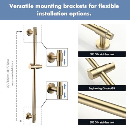 Adjustable 30-Inch Shower Slide Bar with 5-Function Handheld Shower Head, Stainless Steel Wall Mount Shower Slide Bar Set with Extra Hose (Brushed Gold) - color: Brushed Gold