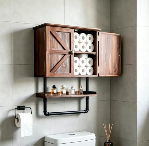 23.1x16.9'' Bathroom Wall Cabinet with Adjustable wall Shelf and Towel Bar, Double Doors Medicine Cabinet Wall Mounted with Hanging Bar, Light Solid Wood Storage Kitchen (Brown) - color: Brown