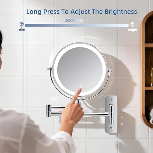 Wall Mounted Lighted Makeup Mirror, 8" Rechargeable Double Sided 1X/10X Magnifying Mirror with Light, 3 Color Lights, Touch Dimmable, Extendable Arm 360° Rotation, Chrome, Bathroom Vanity Mirror