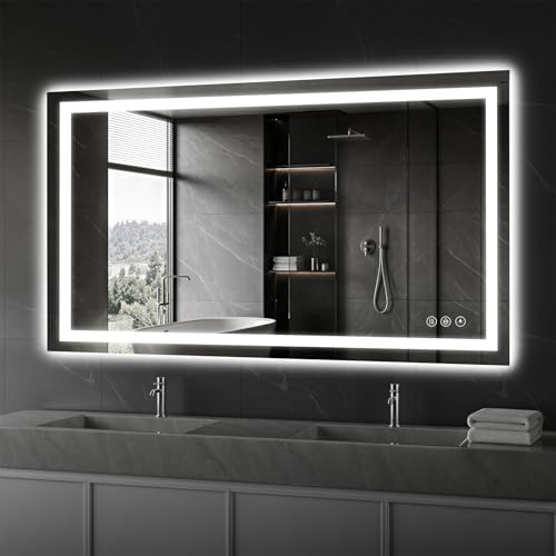Koonmi 48x32 LED Bathroom Mirror, Shatterproof Mirror with Light | 90CRI Vanity Mirror with Anti-fog Backlit + Front Lit, 3 Color, Easy Install for Bathroom Hotel (IP65) - size: 32"L x 48"W