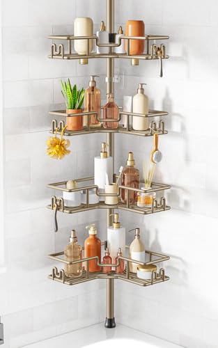 HAMITOR No-Drill Shower Rack, 4-Tier Corner Rustproof Tension Pole, Khaki | Bathroom Accessories With Hooks Renter-Friendly, 47.7-123.6in Adjustable, Space-Saving Bathtub Caddy For Family, Apartment RV - color: Khaki