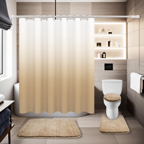 Shower Curtain Sets with Rugs and Adjustable Toilet Seat Cover | 4 Pcs Beige Bathroom Sets with Shower Curtain and Rugs and Microfiber Toilet Lid Cover - color: Beige