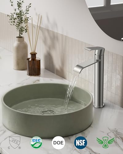 FORIOUS Waterfall Bathroom Vessel Sink Faucet Brushed Nickel Single Hole | Waterfall Brushed Nickel Tall Bathroom Faucet 1 Hole, Silver Bathroom Sink Faucet for Vessel Sink with Drain and Supply Line - color: Vessel Sink-Stainless Steel