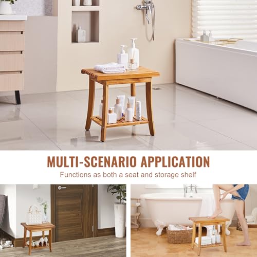 VEVOR Teak Shower Bench, 20in Waterproof Wood Shower Stool with Storage Shelf Non-Slip Foot Pads, 400 lbs Load Capacity Shower Chair Seat, for Bathroom Indoor and Outdoor Use - size: 20in