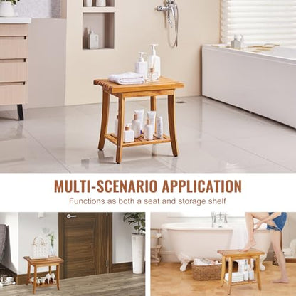 VEVOR Teak Shower Bench, 20in Waterproof Wood Shower Stool with Storage Shelf Non-Slip Foot Pads, 400 lbs Load Capacity Shower Chair Seat, for Bathroom Indoor and Outdoor Use - size: 20in